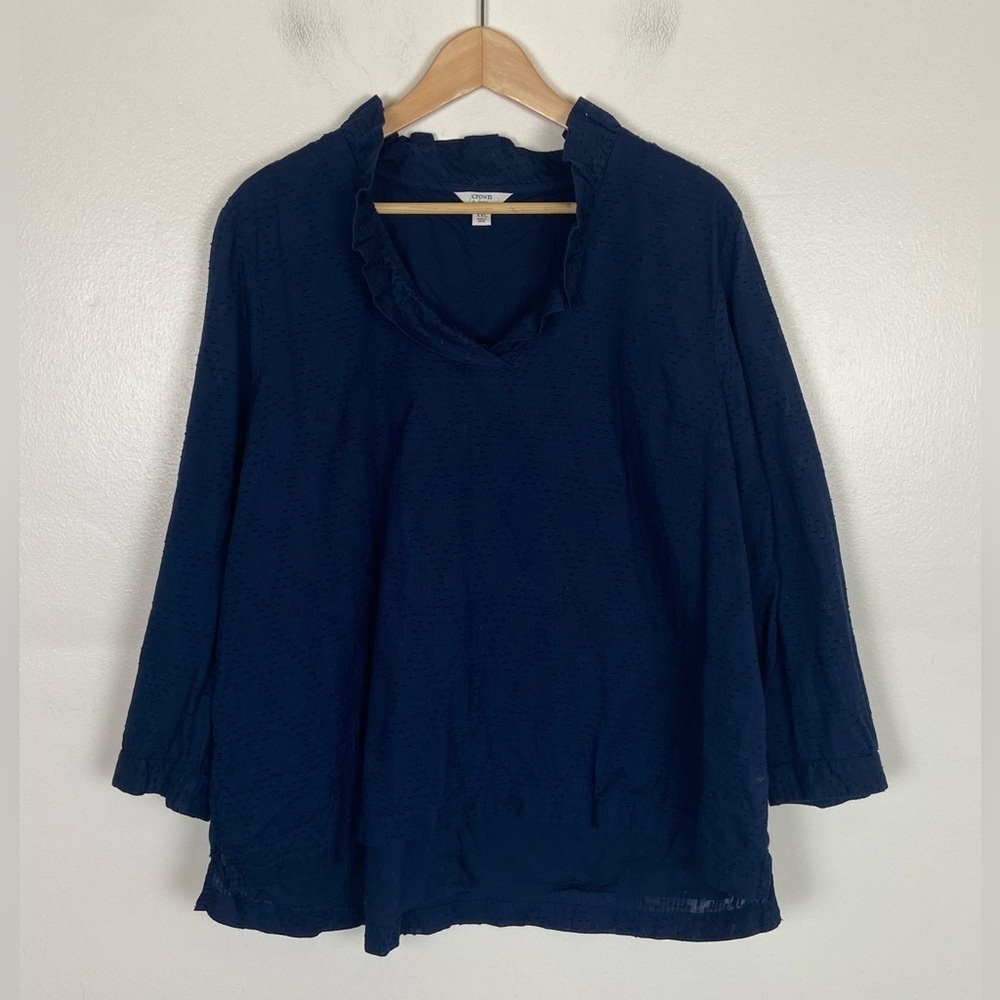 Crown & Ivy Swiss Dot Top Size XXL Blue Ruffle Neck Long Sleeve V-Neck Cotton